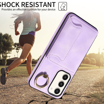 001 For Samsung Galaxy S23+ Card Holder Back Cover Ring Kickstand PU Leather Coated TPU Phone Case