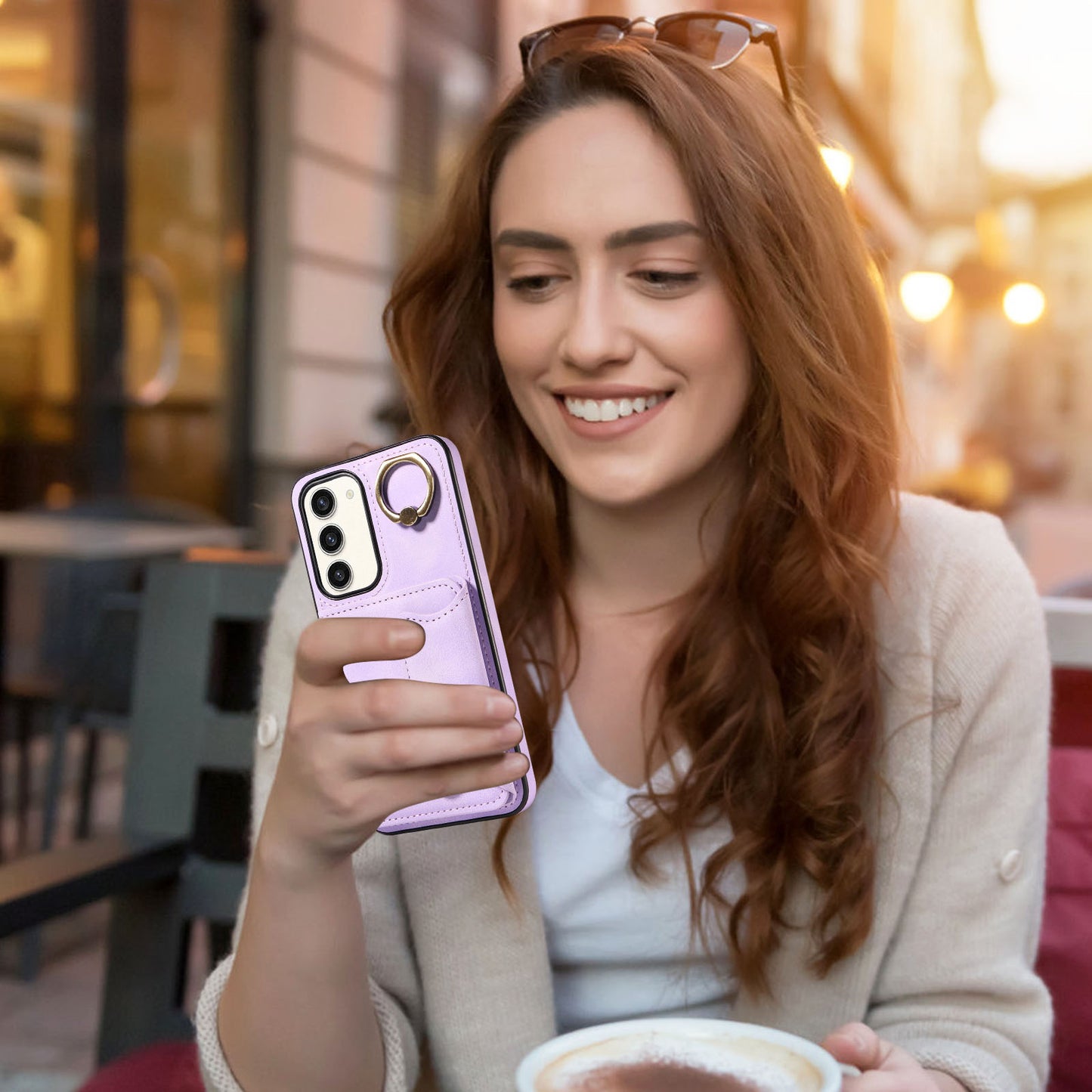 001 For Samsung Galaxy S23+ Card Holder Back Cover Ring Kickstand PU Leather Coated TPU Phone Case