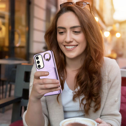 001 For Samsung Galaxy S23+ Card Holder Back Cover Ring Kickstand PU Leather Coated TPU Phone Case