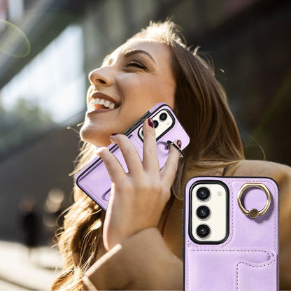 001 For Samsung Galaxy S23+ Card Holder Back Cover Ring Kickstand PU Leather Coated TPU Phone Case