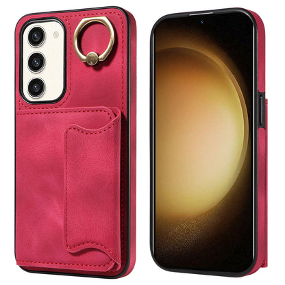 001 For Samsung Galaxy S23+ Card Holder Back Cover Ring Kickstand PU Leather Coated TPU Phone Case