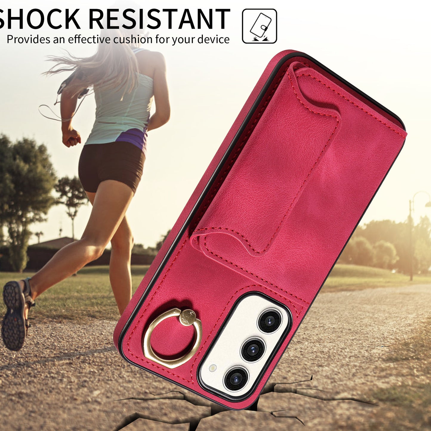 001 For Samsung Galaxy S23+ Card Holder Back Cover Ring Kickstand PU Leather Coated TPU Phone Case