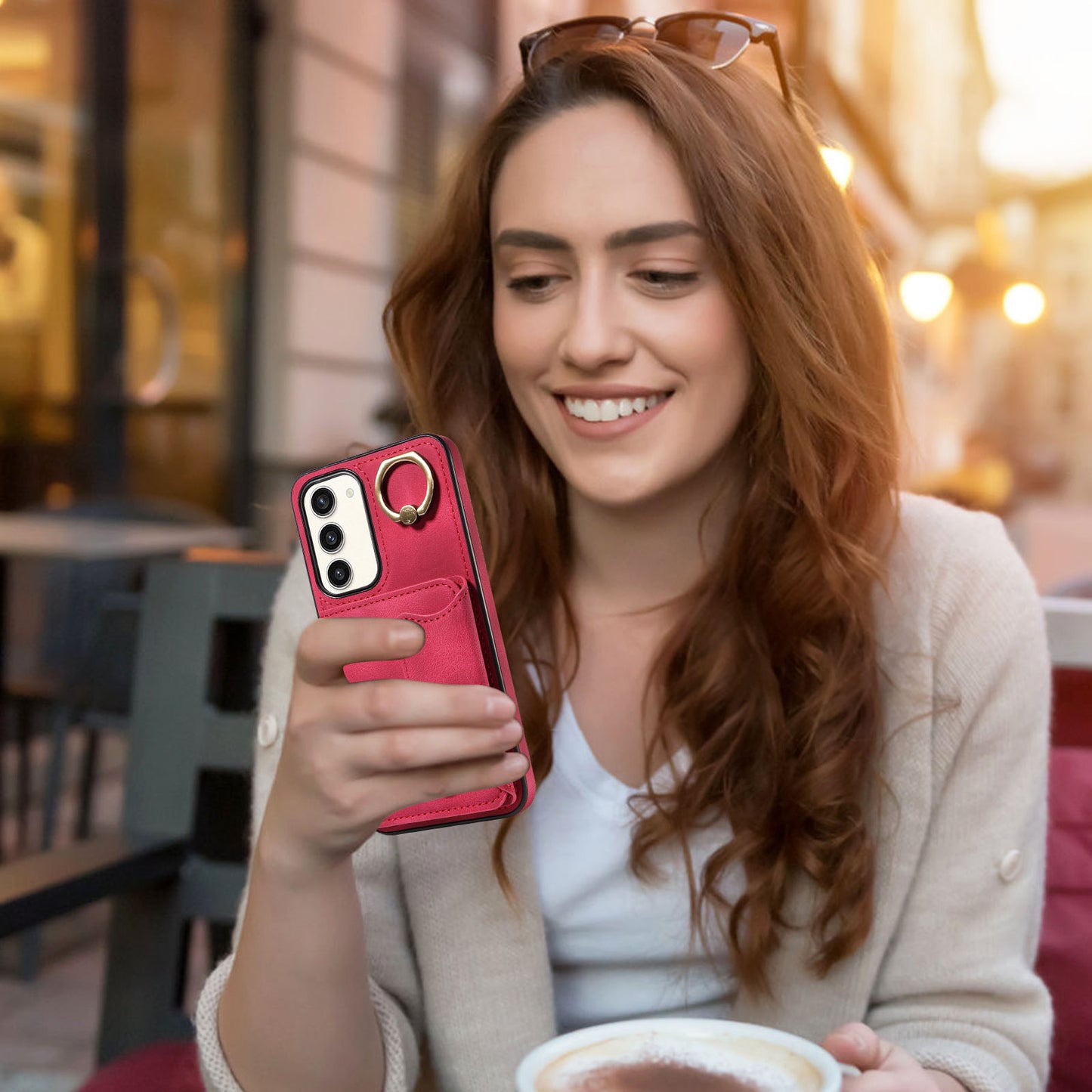 001 For Samsung Galaxy S23+ Card Holder Back Cover Ring Kickstand PU Leather Coated TPU Phone Case