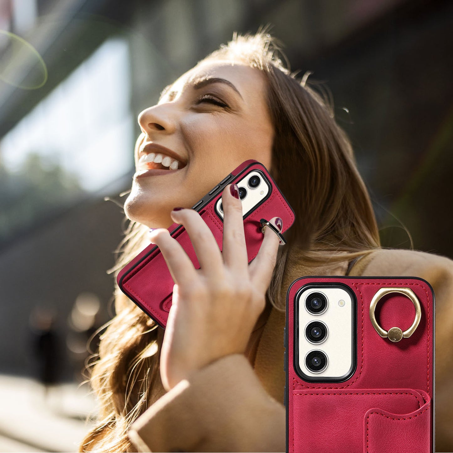 001 For Samsung Galaxy S23+ Card Holder Back Cover Ring Kickstand PU Leather Coated TPU Phone Case