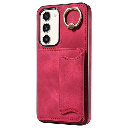 001 For Samsung Galaxy S23+ Card Holder Back Cover Ring Kickstand PU Leather Coated TPU Phone Case