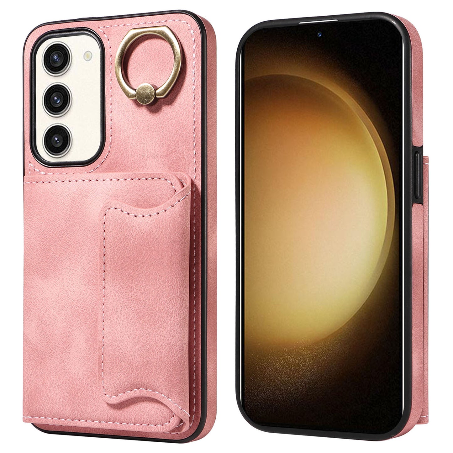 001 For Samsung Galaxy S23+ Card Holder Back Cover Ring Kickstand PU Leather Coated TPU Phone Case