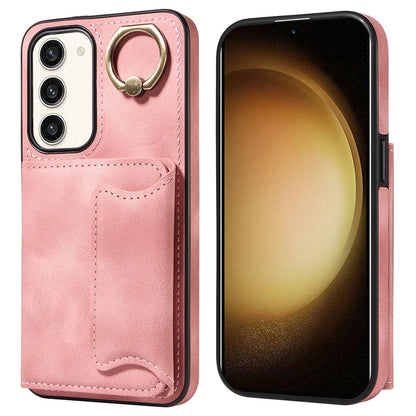 001 For Samsung Galaxy S23+ Card Holder Back Cover Ring Kickstand PU Leather Coated TPU Phone Case