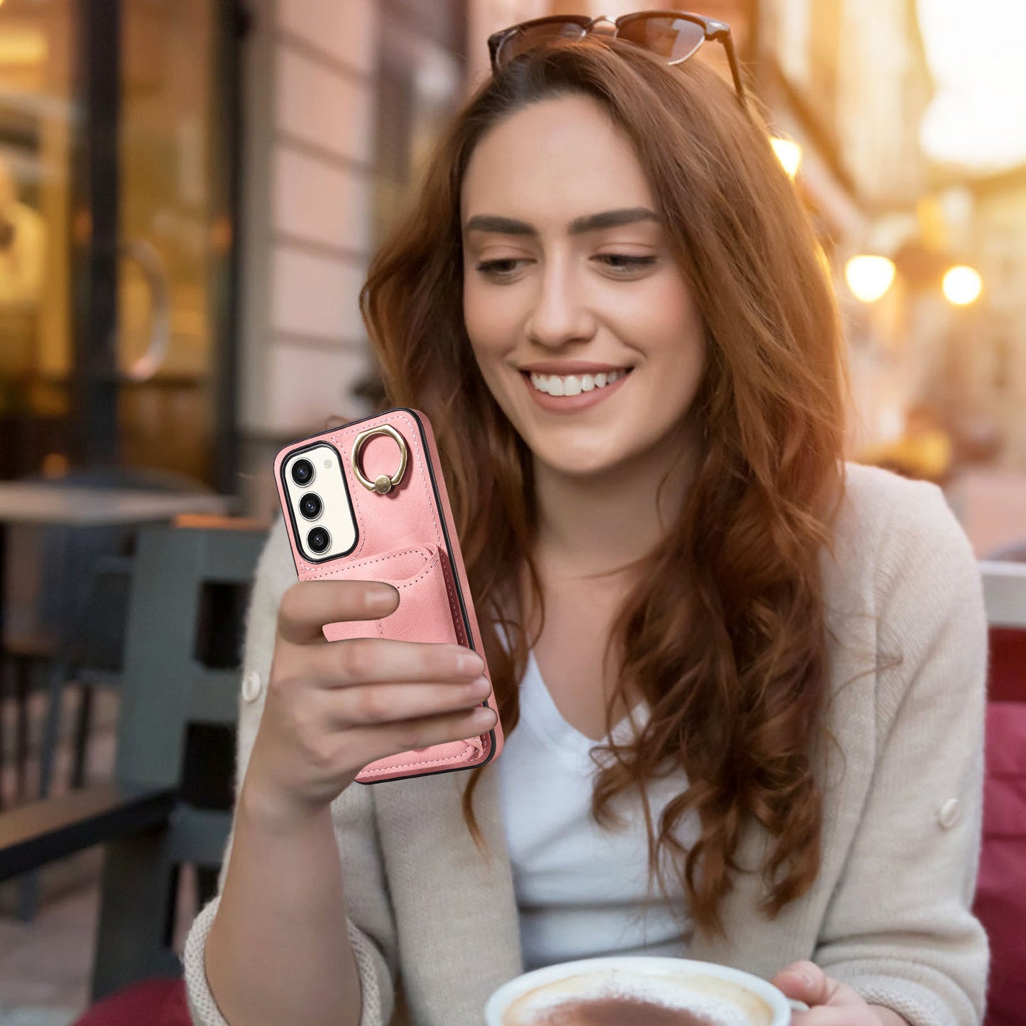 001 For Samsung Galaxy S23+ Card Holder Back Cover Ring Kickstand PU Leather Coated TPU Phone Case