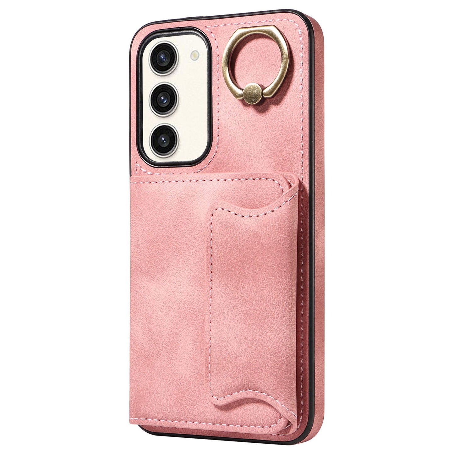 001 For Samsung Galaxy S23+ Card Holder Back Cover Ring Kickstand PU Leather Coated TPU Phone Case