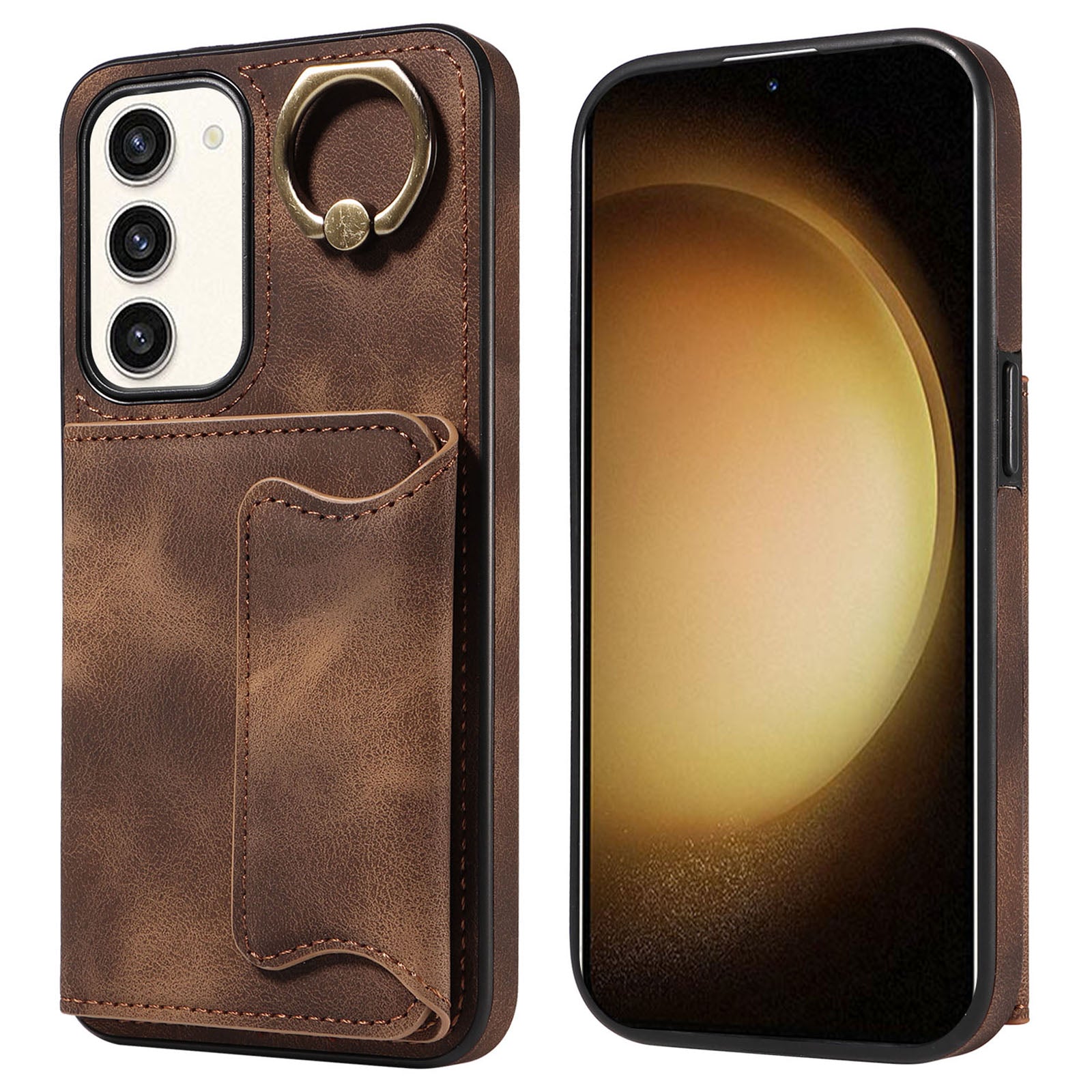 001 For Samsung Galaxy S23+ Card Holder Back Cover Ring Kickstand PU Leather Coated TPU Phone Case