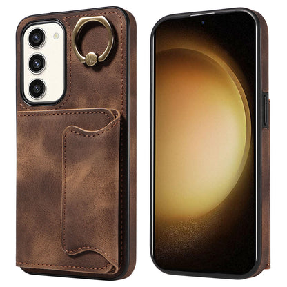 001 For Samsung Galaxy S23+ Card Holder Back Cover Ring Kickstand PU Leather Coated TPU Phone Case