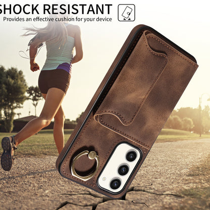 001 For Samsung Galaxy S23+ Card Holder Back Cover Ring Kickstand PU Leather Coated TPU Phone Case