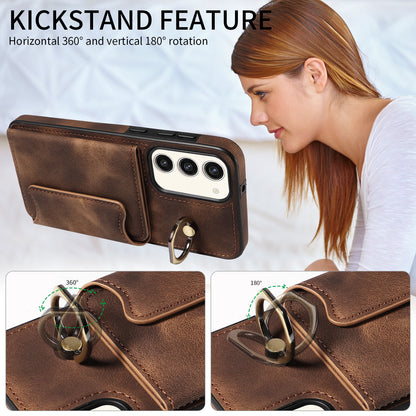 001 For Samsung Galaxy S23+ Card Holder Back Cover Ring Kickstand PU Leather Coated TPU Phone Case