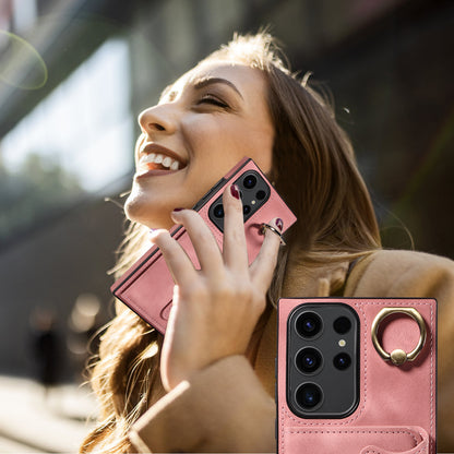 001 For Samsung Galaxy S23 Ultra PU Leather+TPU Card Holder Phone Case Ring Kickstand Skin-touch Cover