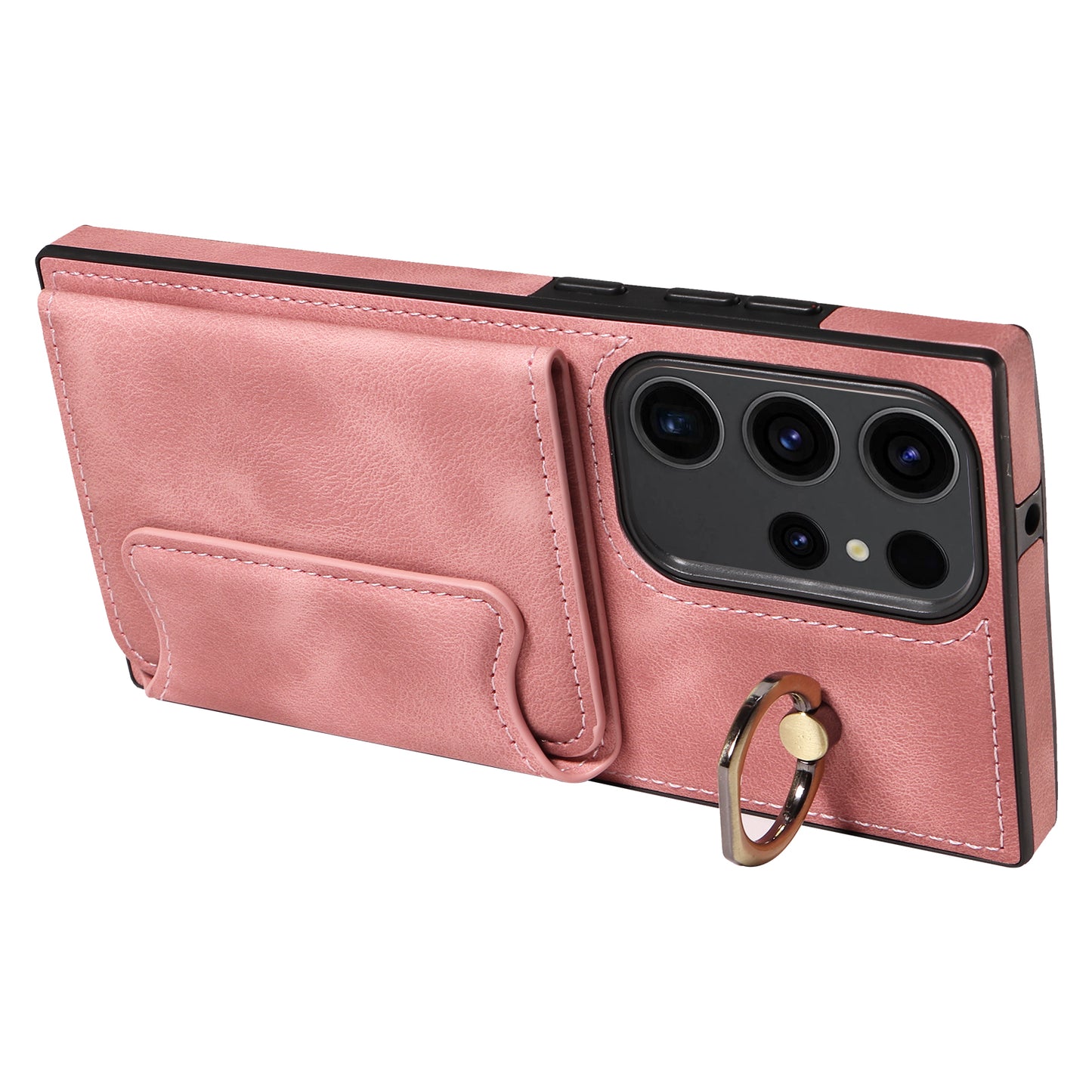 001 For Samsung Galaxy S23 Ultra PU Leather+TPU Card Holder Phone Case Ring Kickstand Skin-touch Cover