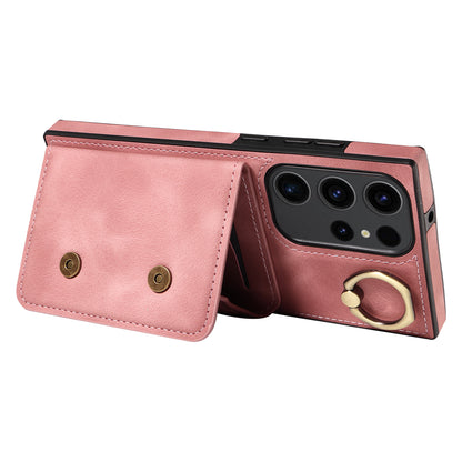 001 For Samsung Galaxy S23 Ultra PU Leather+TPU Card Holder Phone Case Ring Kickstand Skin-touch Cover