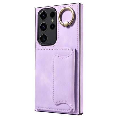 001 For Samsung Galaxy S23 Ultra PU Leather+TPU Card Holder Phone Case Ring Kickstand Skin-touch Cover