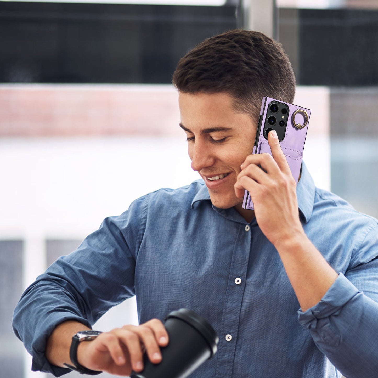 001 For Samsung Galaxy S23 Ultra PU Leather+TPU Card Holder Phone Case Ring Kickstand Skin-touch Cover