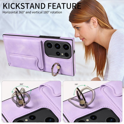 001 For Samsung Galaxy S23 Ultra PU Leather+TPU Card Holder Phone Case Ring Kickstand Skin-touch Cover