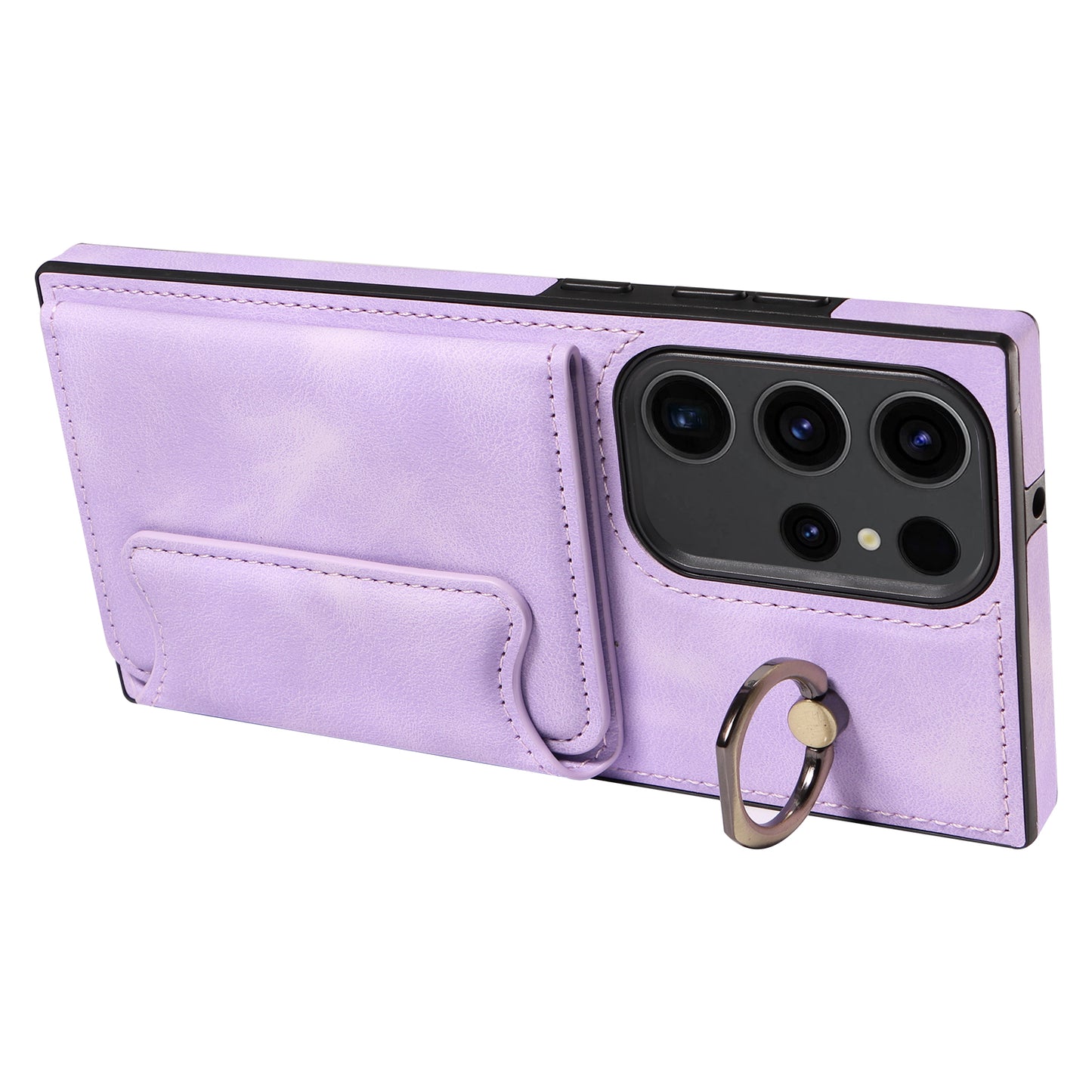 001 For Samsung Galaxy S23 Ultra PU Leather+TPU Card Holder Phone Case Ring Kickstand Skin-touch Cover