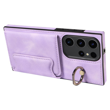 001 For Samsung Galaxy S23 Ultra PU Leather+TPU Card Holder Phone Case Ring Kickstand Skin-touch Cover