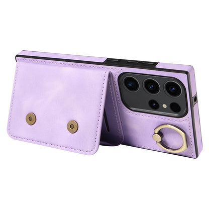 001 For Samsung Galaxy S23 Ultra PU Leather+TPU Card Holder Phone Case Ring Kickstand Skin-touch Cover