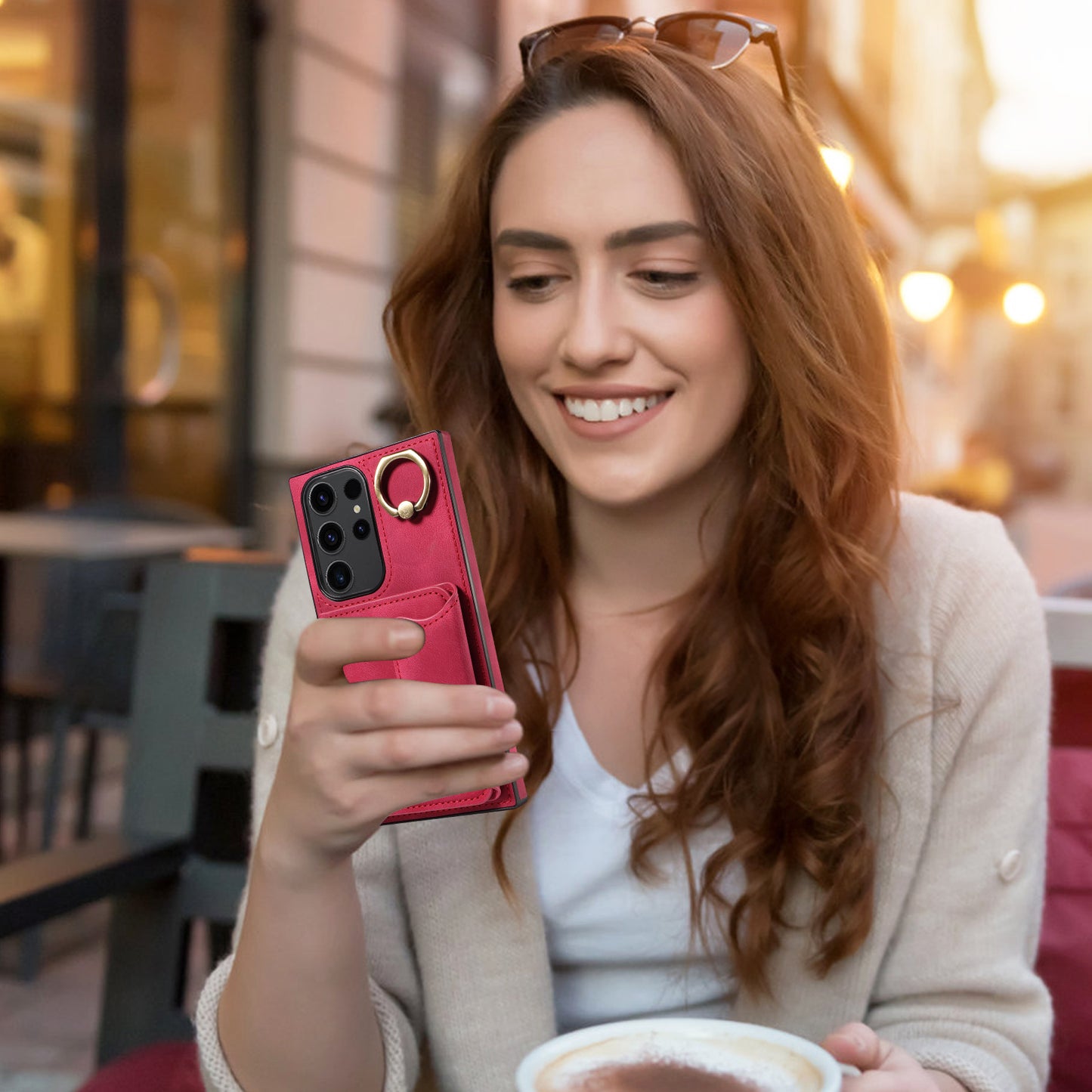 001 For Samsung Galaxy S23 Ultra PU Leather+TPU Card Holder Phone Case Ring Kickstand Skin-touch Cover