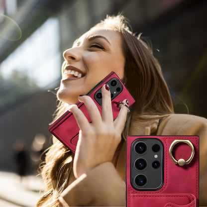 001 For Samsung Galaxy S23 Ultra PU Leather+TPU Card Holder Phone Case Ring Kickstand Skin-touch Cover