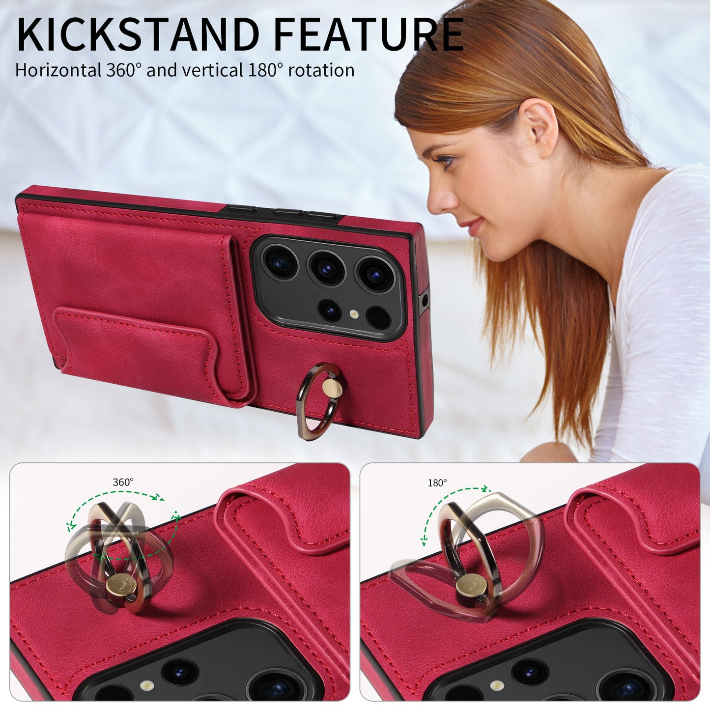 001 For Samsung Galaxy S23 Ultra PU Leather+TPU Card Holder Phone Case Ring Kickstand Skin-touch Cover