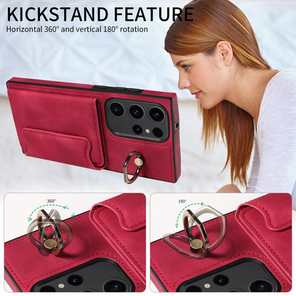 001 For Samsung Galaxy S23 Ultra PU Leather+TPU Card Holder Phone Case Ring Kickstand Skin-touch Cover