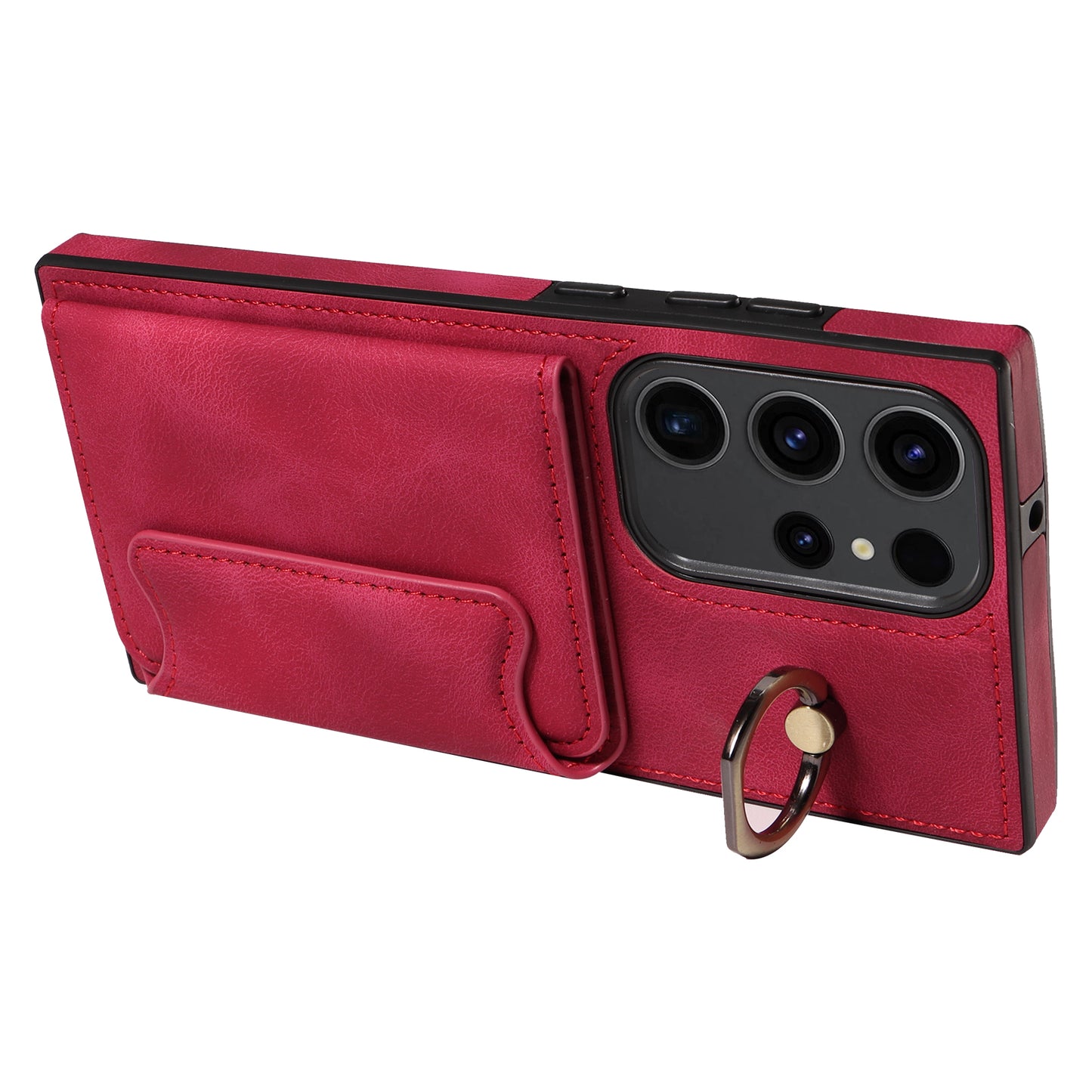 001 For Samsung Galaxy S23 Ultra PU Leather+TPU Card Holder Phone Case Ring Kickstand Skin-touch Cover