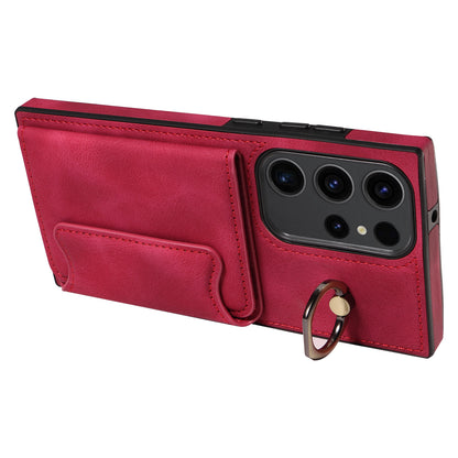 001 For Samsung Galaxy S23 Ultra PU Leather+TPU Card Holder Phone Case Ring Kickstand Skin-touch Cover