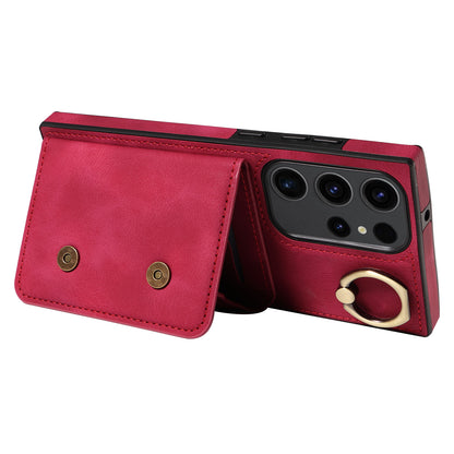 001 For Samsung Galaxy S23 Ultra PU Leather+TPU Card Holder Phone Case Ring Kickstand Skin-touch Cover