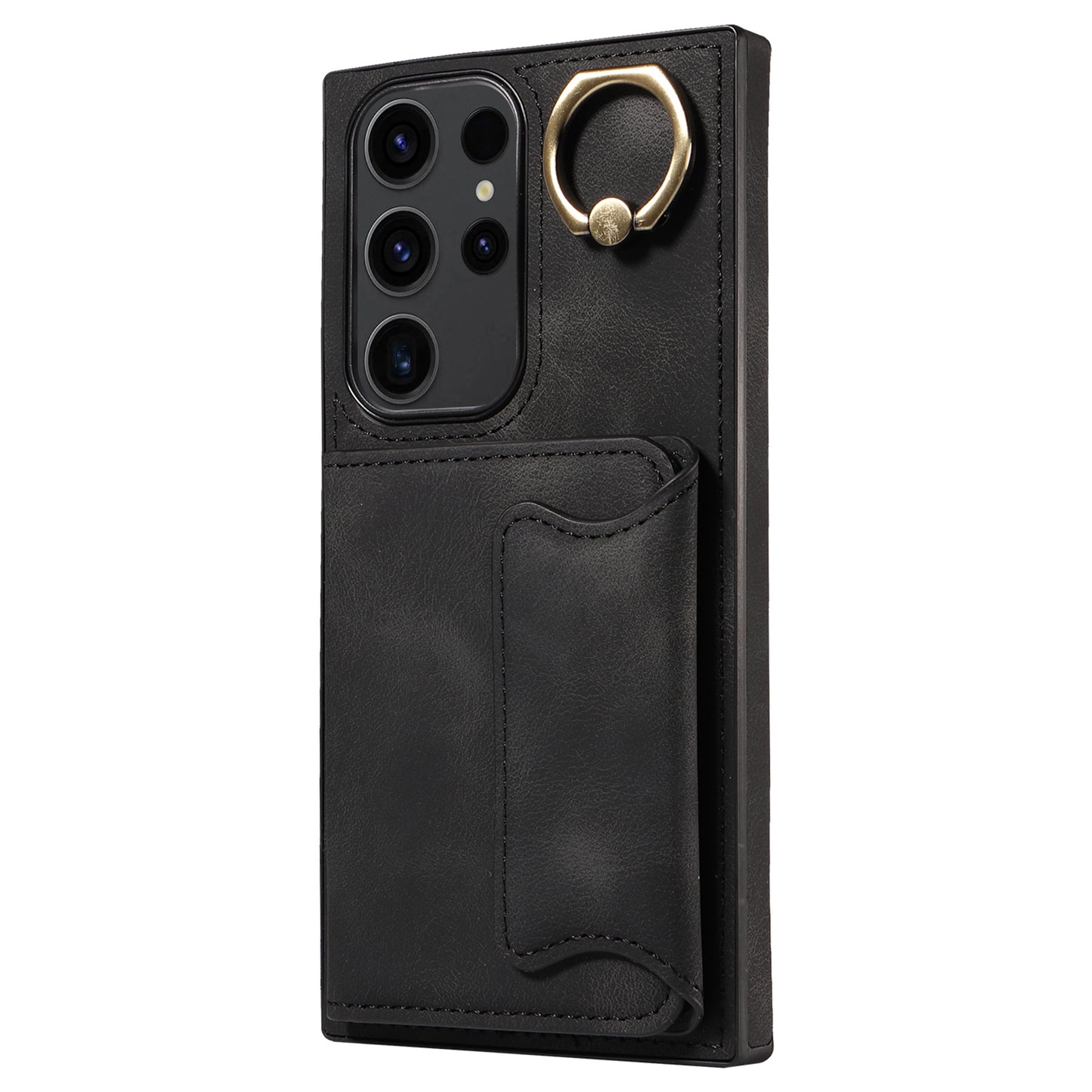 001 For Samsung Galaxy S23 Ultra PU Leather+TPU Card Holder Phone Case Ring Kickstand Skin-touch Cover