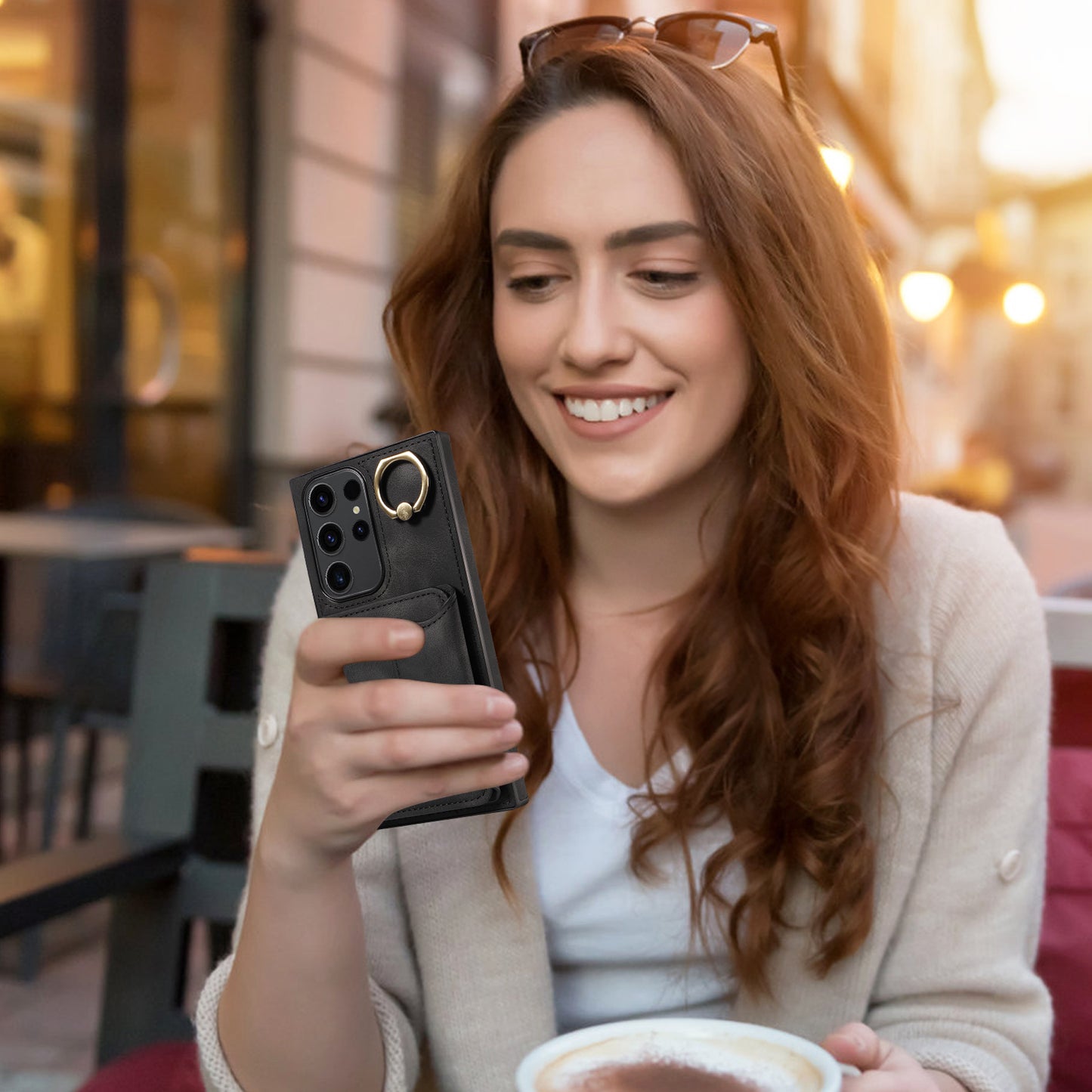 001 For Samsung Galaxy S23 Ultra PU Leather+TPU Card Holder Phone Case Ring Kickstand Skin-touch Cover