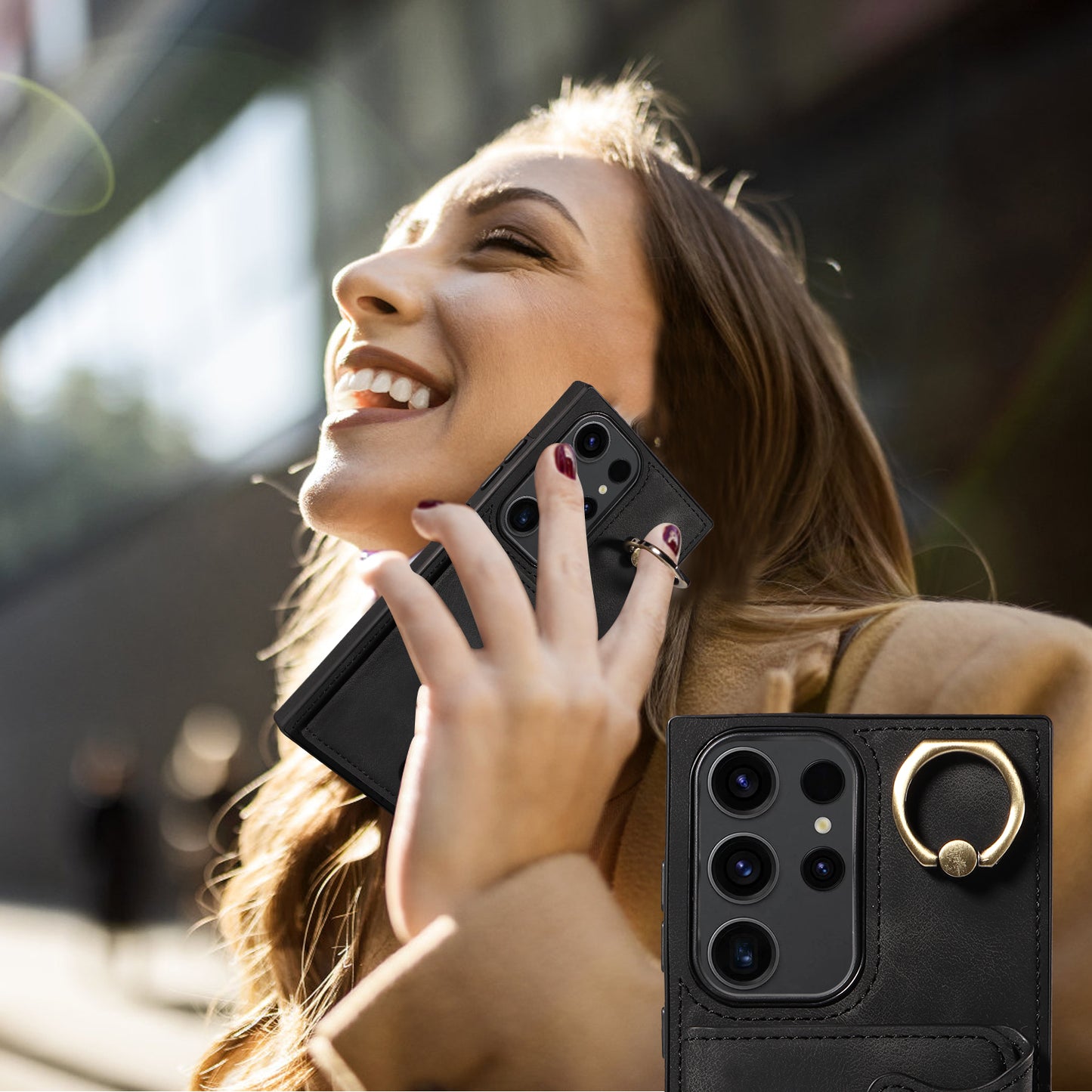 001 For Samsung Galaxy S23 Ultra PU Leather+TPU Card Holder Phone Case Ring Kickstand Skin-touch Cover