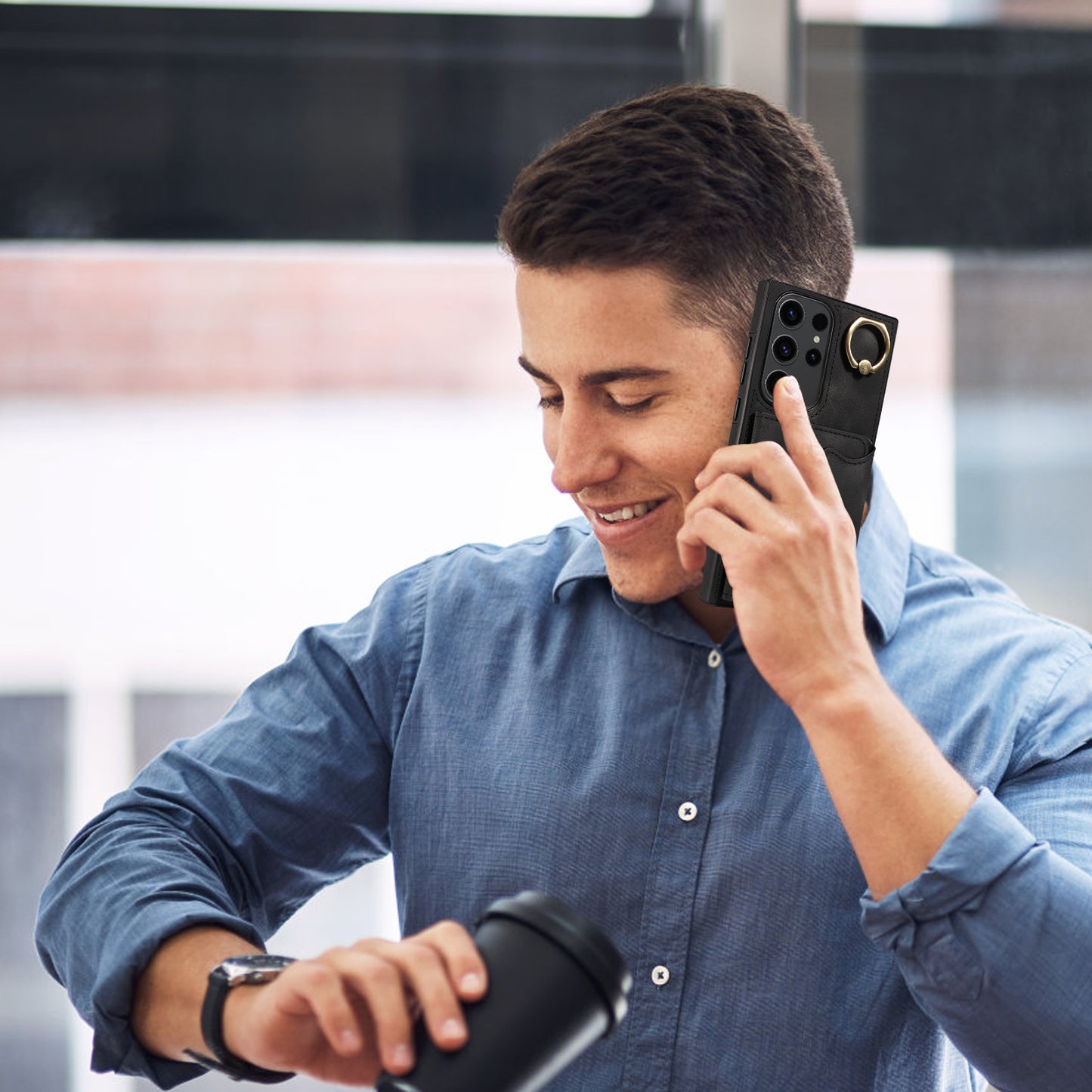 001 For Samsung Galaxy S23 Ultra PU Leather+TPU Card Holder Phone Case Ring Kickstand Skin-touch Cover