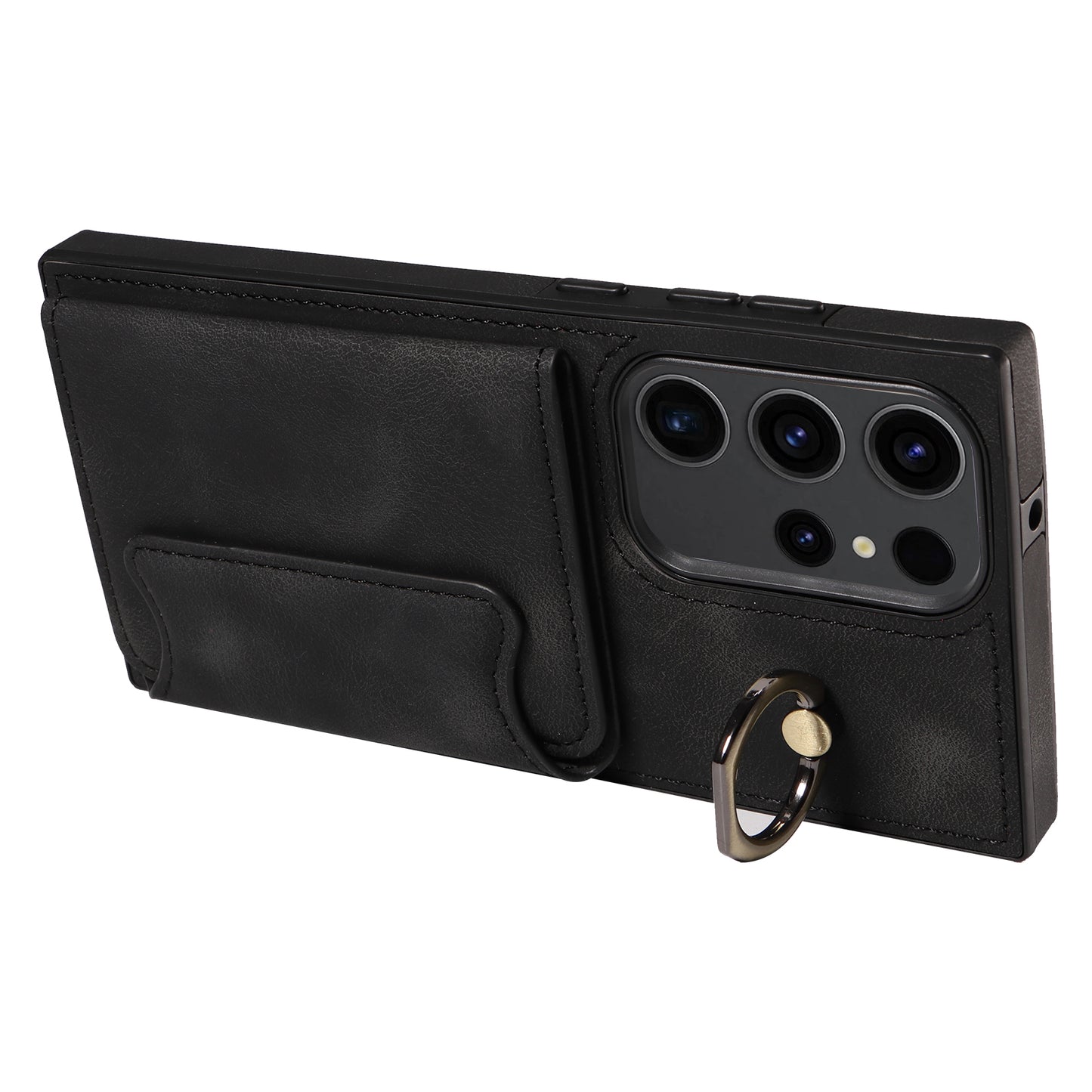 001 For Samsung Galaxy S23 Ultra PU Leather+TPU Card Holder Phone Case Ring Kickstand Skin-touch Cover