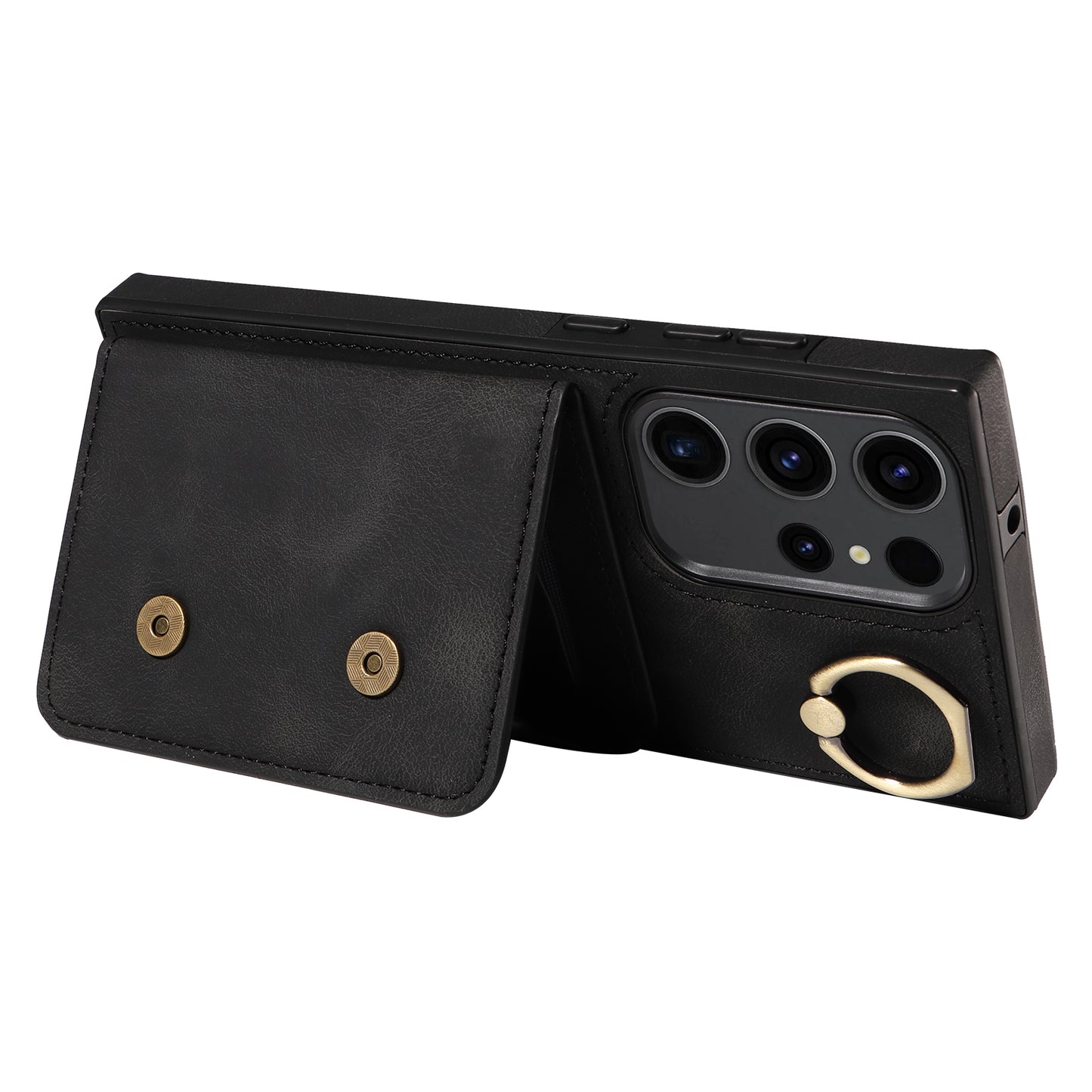 001 For Samsung Galaxy S23 Ultra PU Leather+TPU Card Holder Phone Case Ring Kickstand Skin-touch Cover