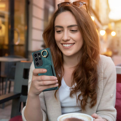 001 For Samsung Galaxy S23 Ultra PU Leather+TPU Card Holder Phone Case Ring Kickstand Skin-touch Cover