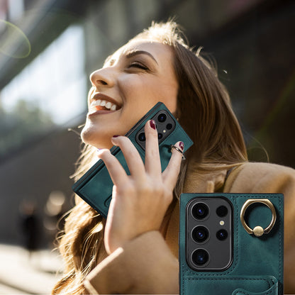 001 For Samsung Galaxy S23 Ultra PU Leather+TPU Card Holder Phone Case Ring Kickstand Skin-touch Cover