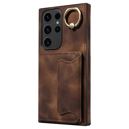 001 For Samsung Galaxy S23 Ultra PU Leather+TPU Card Holder Phone Case Ring Kickstand Skin-touch Cover