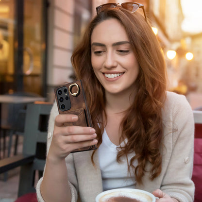 001 For Samsung Galaxy S23 Ultra PU Leather+TPU Card Holder Phone Case Ring Kickstand Skin-touch Cover