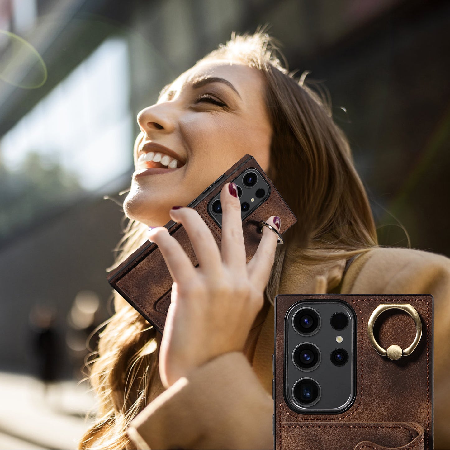 001 For Samsung Galaxy S23 Ultra PU Leather+TPU Card Holder Phone Case Ring Kickstand Skin-touch Cover