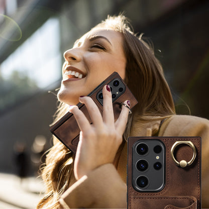 001 For Samsung Galaxy S23 Ultra PU Leather+TPU Card Holder Phone Case Ring Kickstand Skin-touch Cover