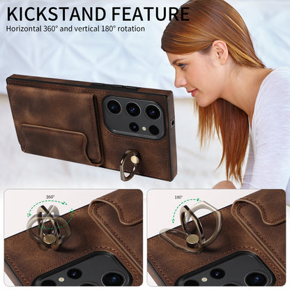 001 For Samsung Galaxy S23 Ultra PU Leather+TPU Card Holder Phone Case Ring Kickstand Skin-touch Cover