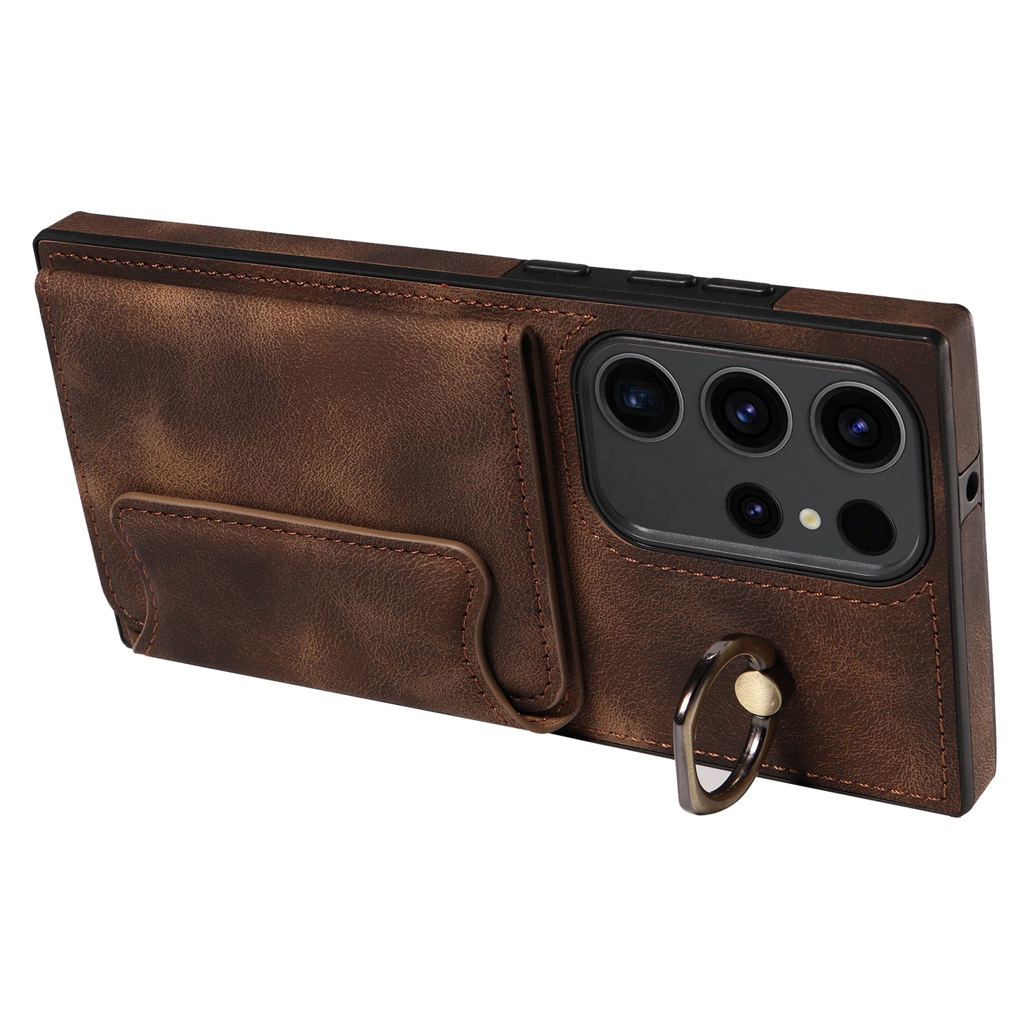 001 For Samsung Galaxy S23 Ultra PU Leather+TPU Card Holder Phone Case Ring Kickstand Skin-touch Cover