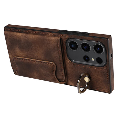 001 For Samsung Galaxy S23 Ultra PU Leather+TPU Card Holder Phone Case Ring Kickstand Skin-touch Cover