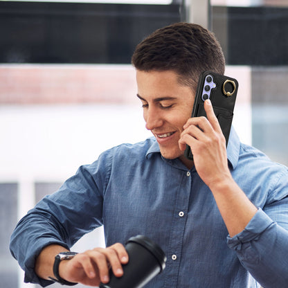 001 For Samsung Galaxy A54 5G Card Holder Phone Case Ring Kickstand Anti-drop PU Leather+TPU Cover