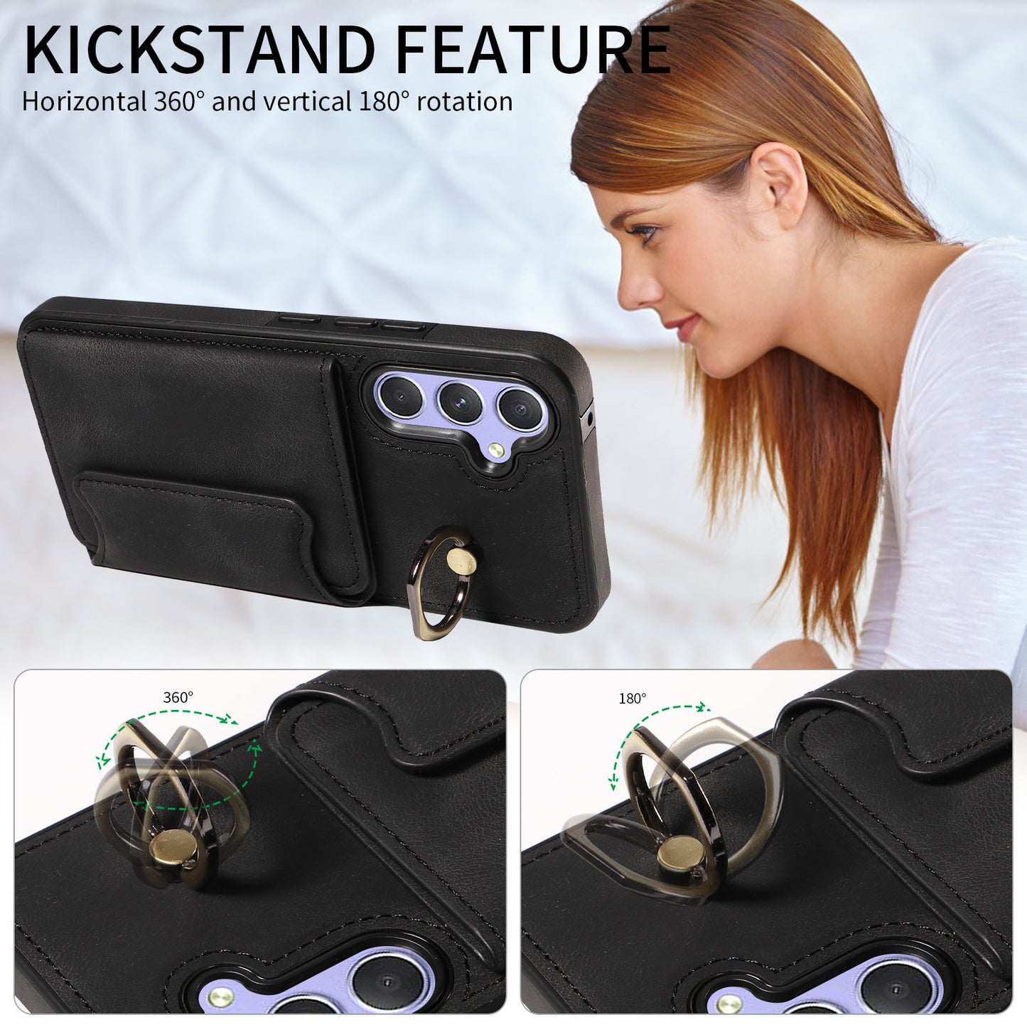 001 For Samsung Galaxy A54 5G Card Holder Phone Case Ring Kickstand Anti-drop PU Leather+TPU Cover